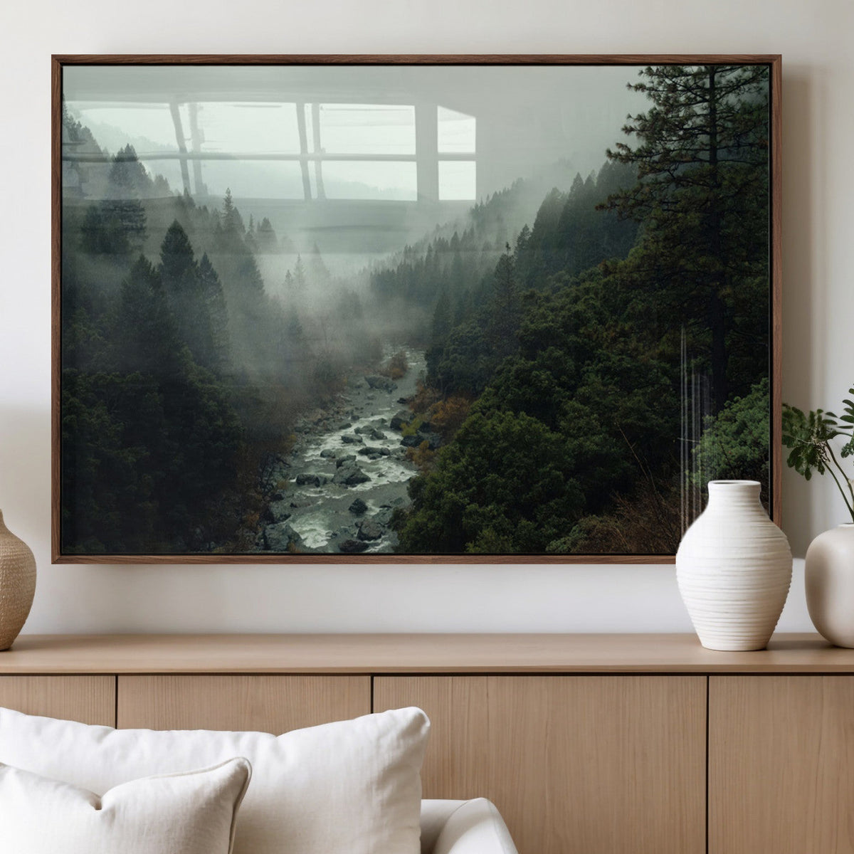 Misty Forest Wall Art, Tranquil Nature Landscape, Ready to Hang | Extra Large 3 Piece Canvas Wall Art