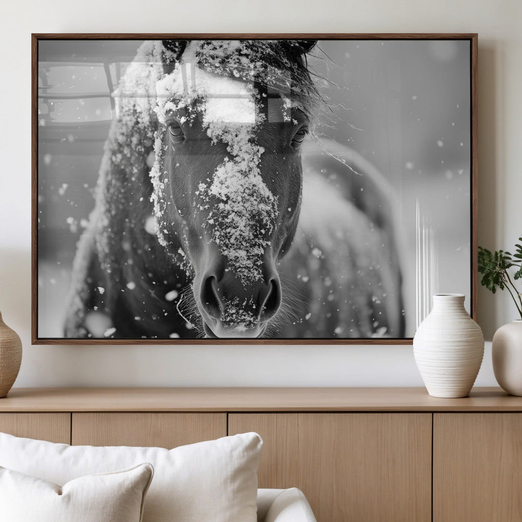Black and White Horse Winter Wall Art, Ready to Hang
