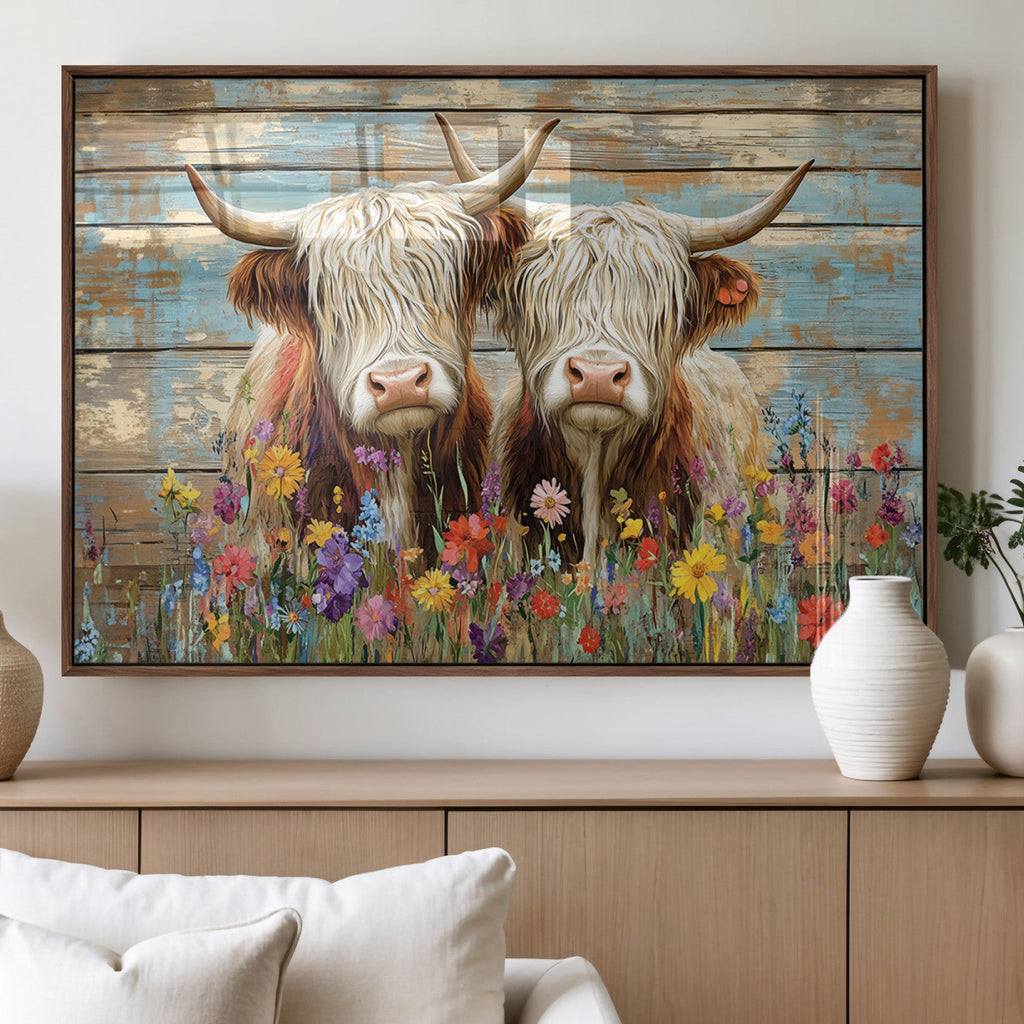 Cute Highland Cow Canvas Wall Art - Rustic Farmhouse Decor