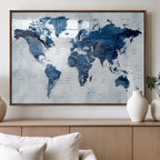 Modern Blue World Map Canvas Print | Elegant Travel Map Wall Art for Home Office
