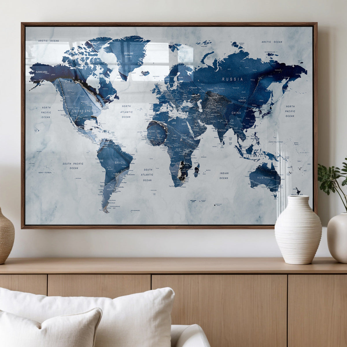Modern Blue World Map Canvas Print | Elegant Travel Map Wall Art for Home Office