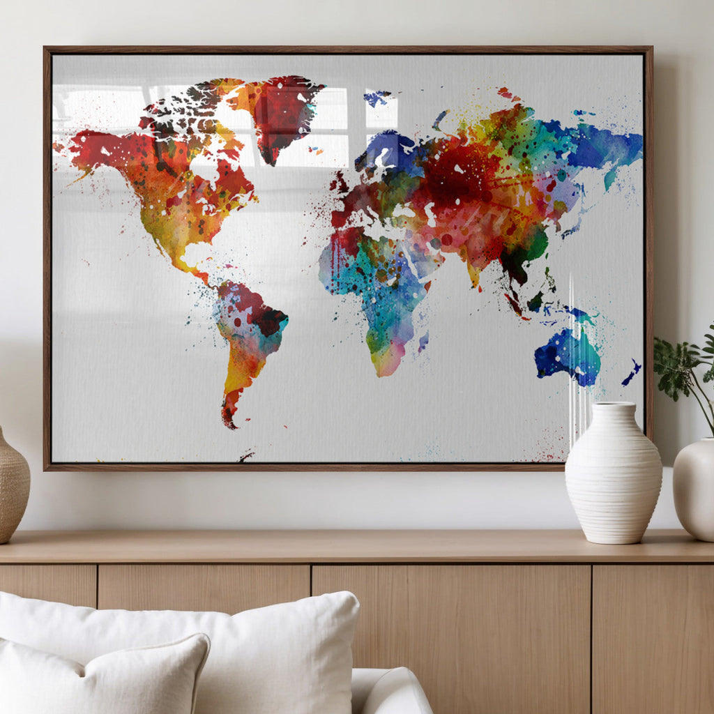 Colorful World Map Canvas Wall Art Print, Contemporary Global Map Artwork