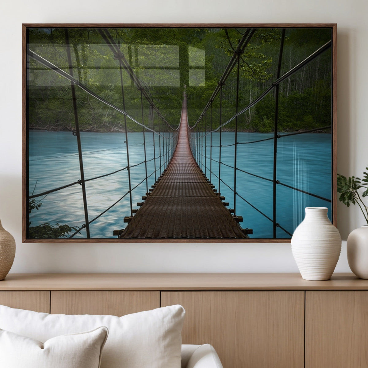Suspension Bridge Over River Canvas Art | 3-Panel Nature Wall Art