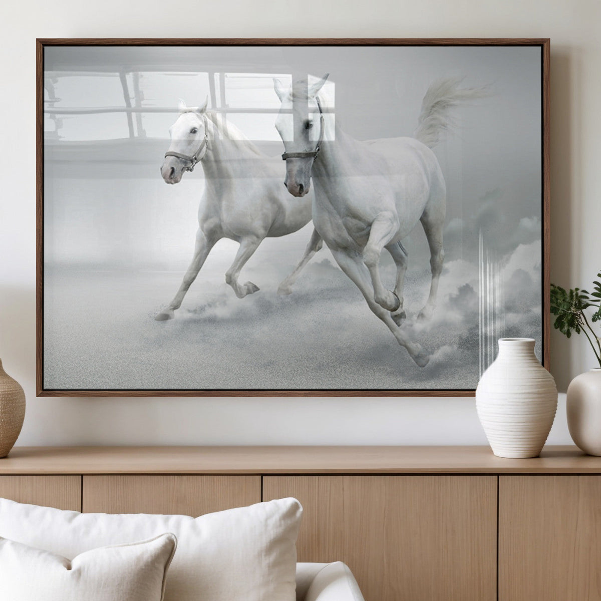 Large Wall Art Canvas Print, Beautiful Running White Horses