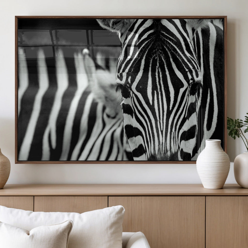 Zebra Wall Art | Zebra Close Up Canvas Print | Framed Black and White Wildlife