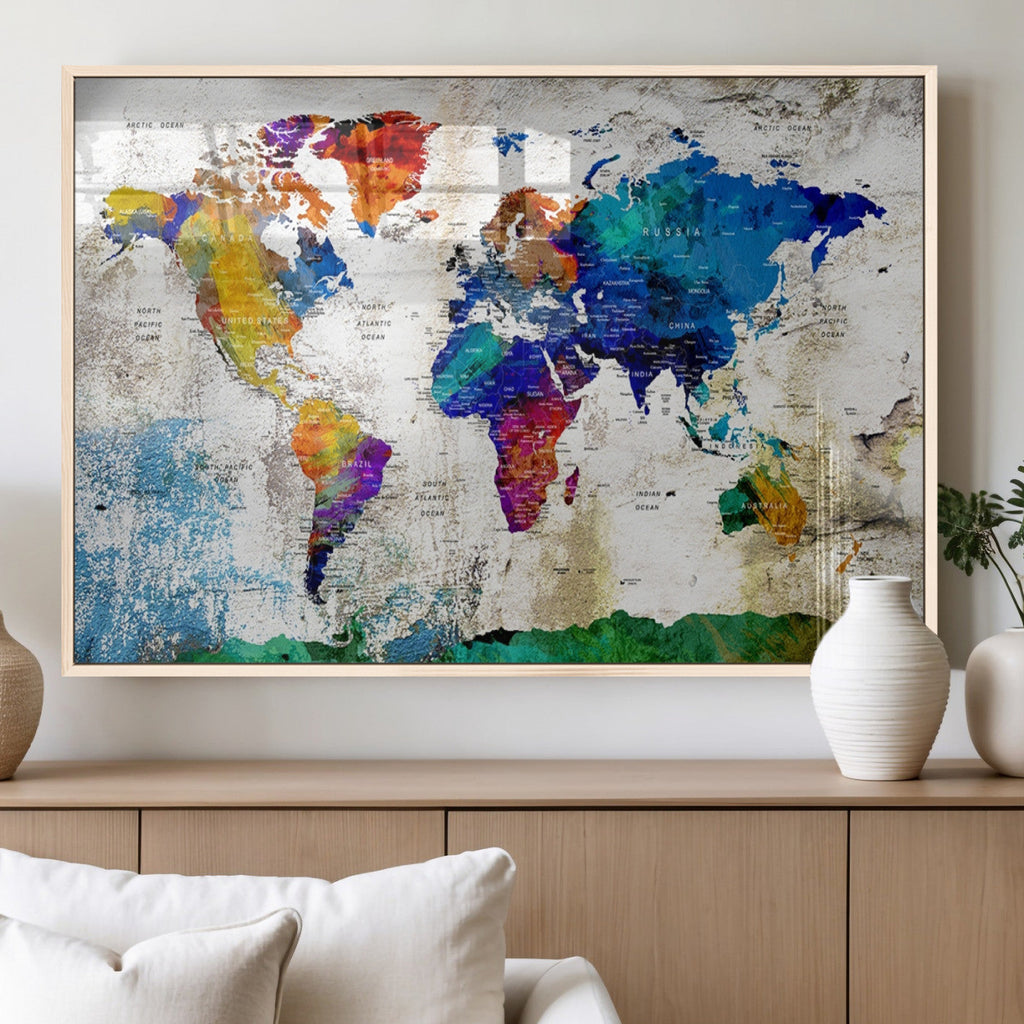 Navy Blue and Orange Watercolor World Map Canvas Print | Framed Travel Map