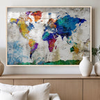 Navy Blue and Orange Watercolor World Map Canvas Print | Framed Travel Map