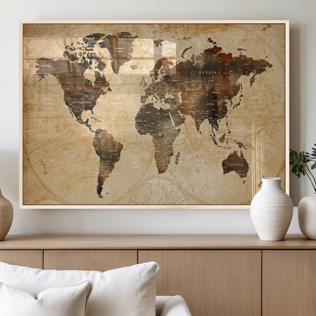 Push Pin World Map Canvas Print | Framed Travel Tracker Wall Art