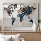 Abstract Earth Tone Blue World Map Canvas Print | Framed Travel Map Wall Art