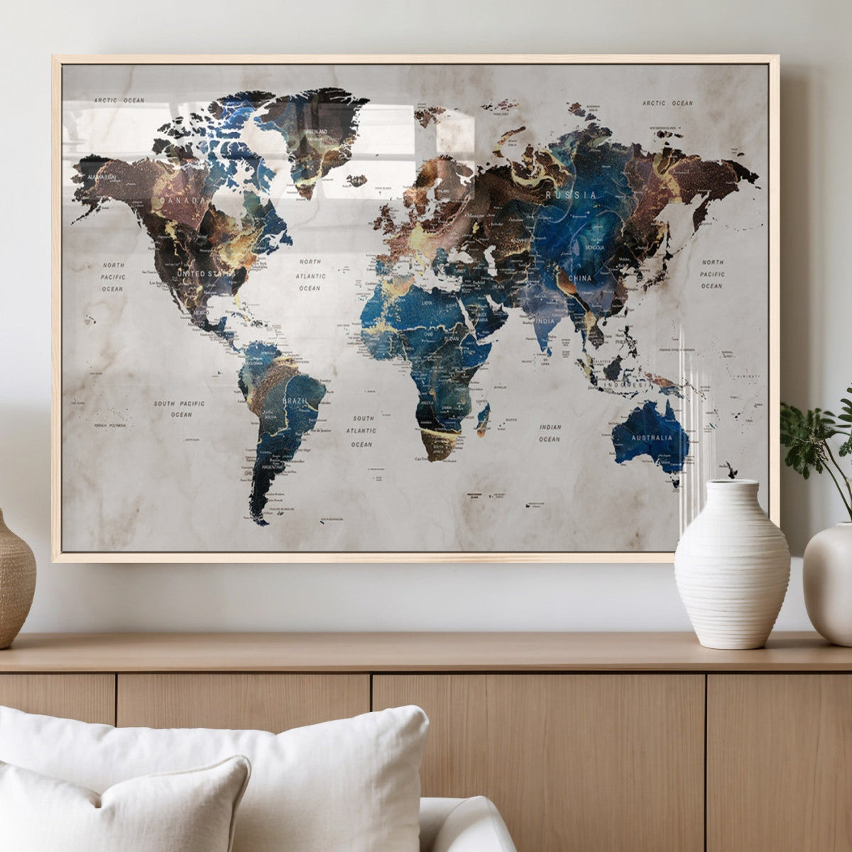Abstract Earth Tone Blue World Map Canvas Print | Framed Travel Map Wall Art