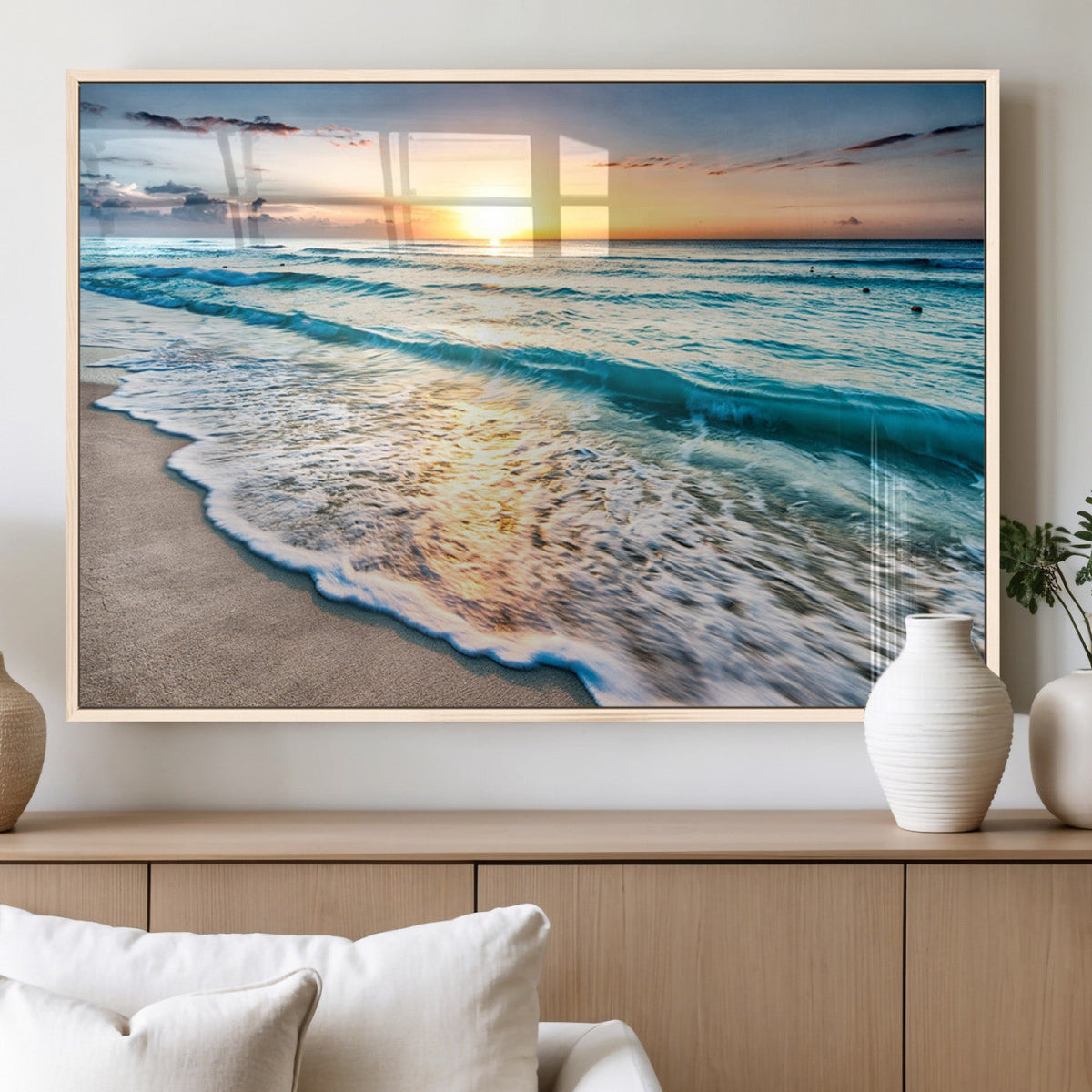Sunset Beach Waves Canvas Wall Art | Ocean Sunset Coastal Print