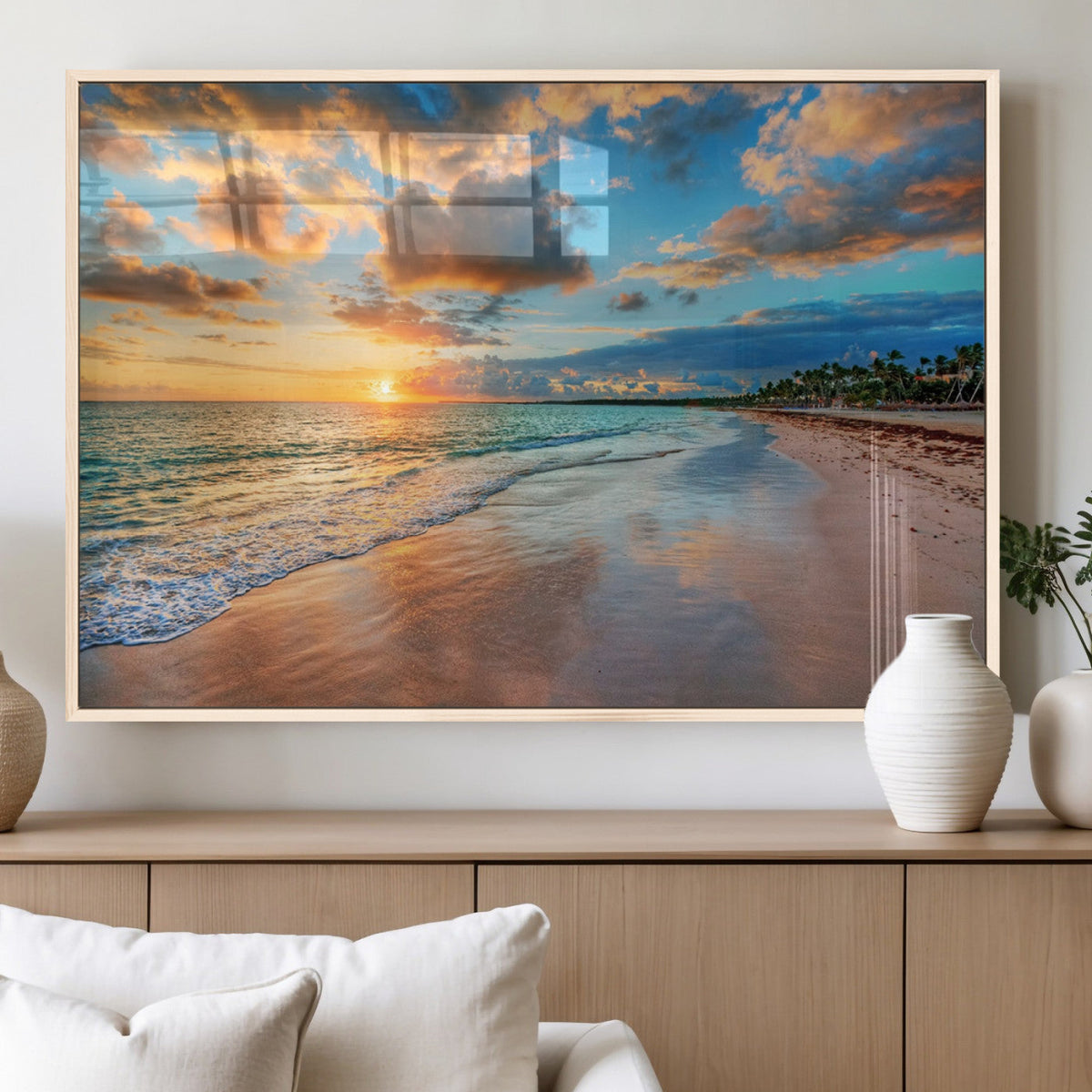 Sunset Beach Canvas Wall Art | Tropical Triptych Seascape Print