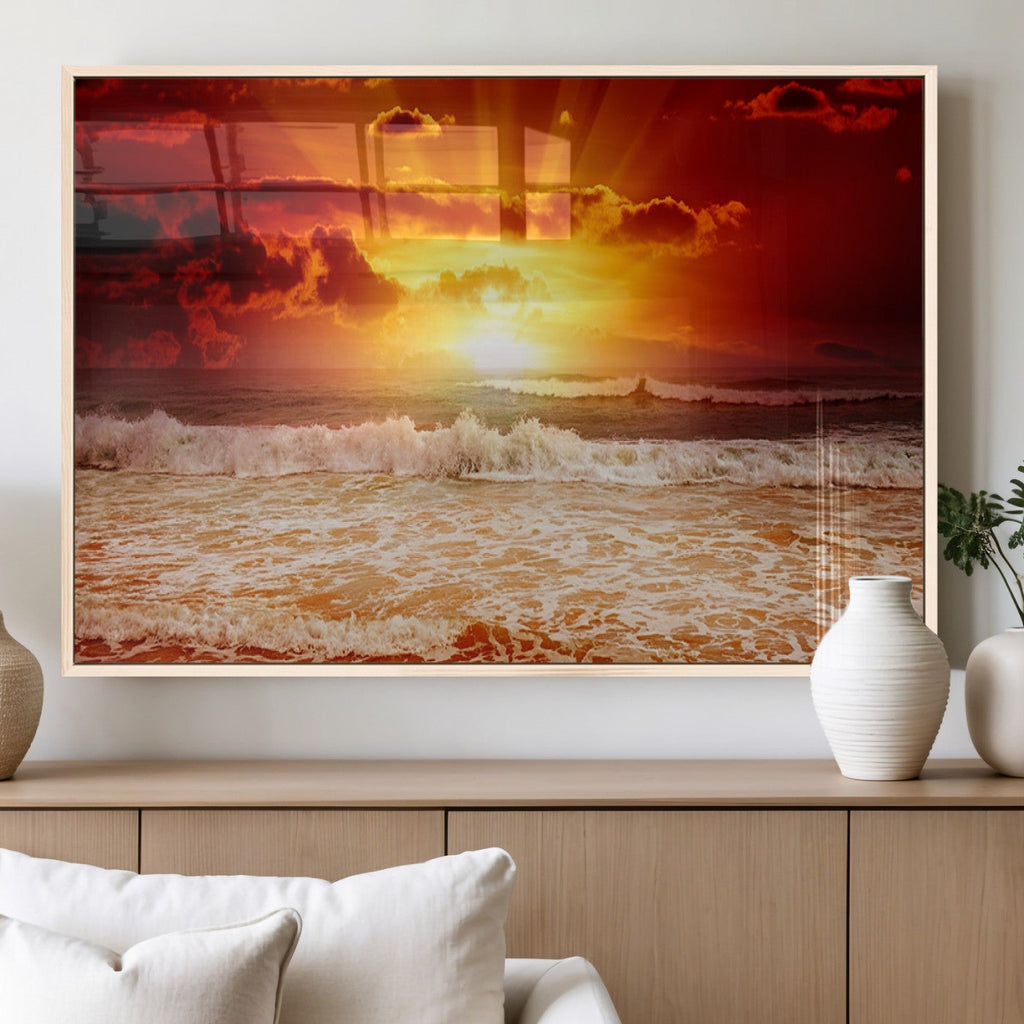 Red Sunset Ocean Beach Canvas Wall Art, Coastal Sunset Print