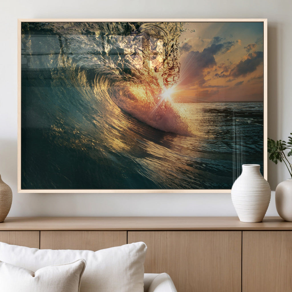 Ocean Wave Sunset Canvas Wall Art | Triptych Seascape Print