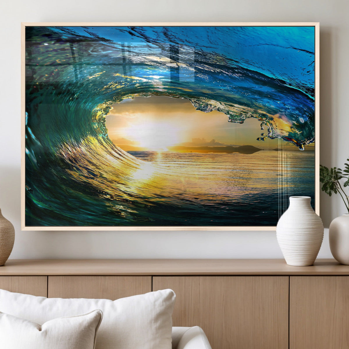 Ocean Wave at Sunset Canvas Art, Large Wall Print of Vibrant Surfing Wave