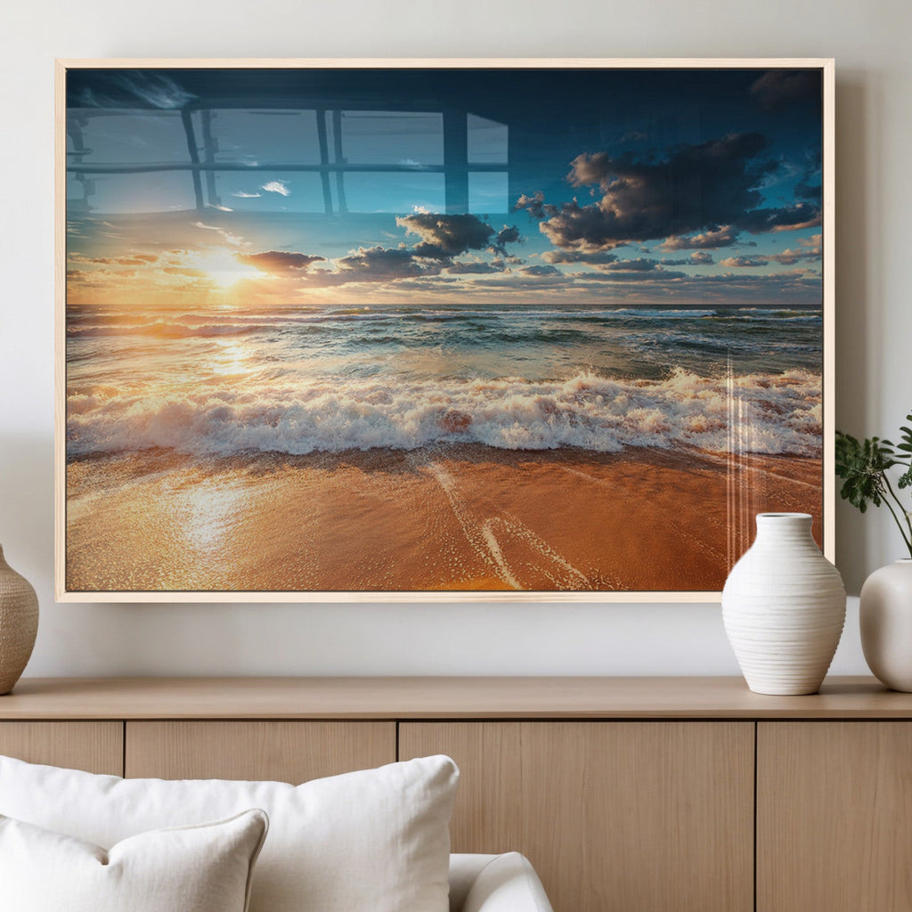 Golden Sunset Beach Triptych Canvas Art, Giclee Coastal Wall Decor, Ocean Waves Print
