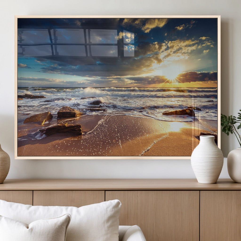 Golden Hour Beach Sunset Canvas Triptych, Ocean Waves and Rocks Wall Art