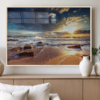 Golden Hour Beach Sunset Canvas Triptych, Ocean Waves and Rocks Wall Art
