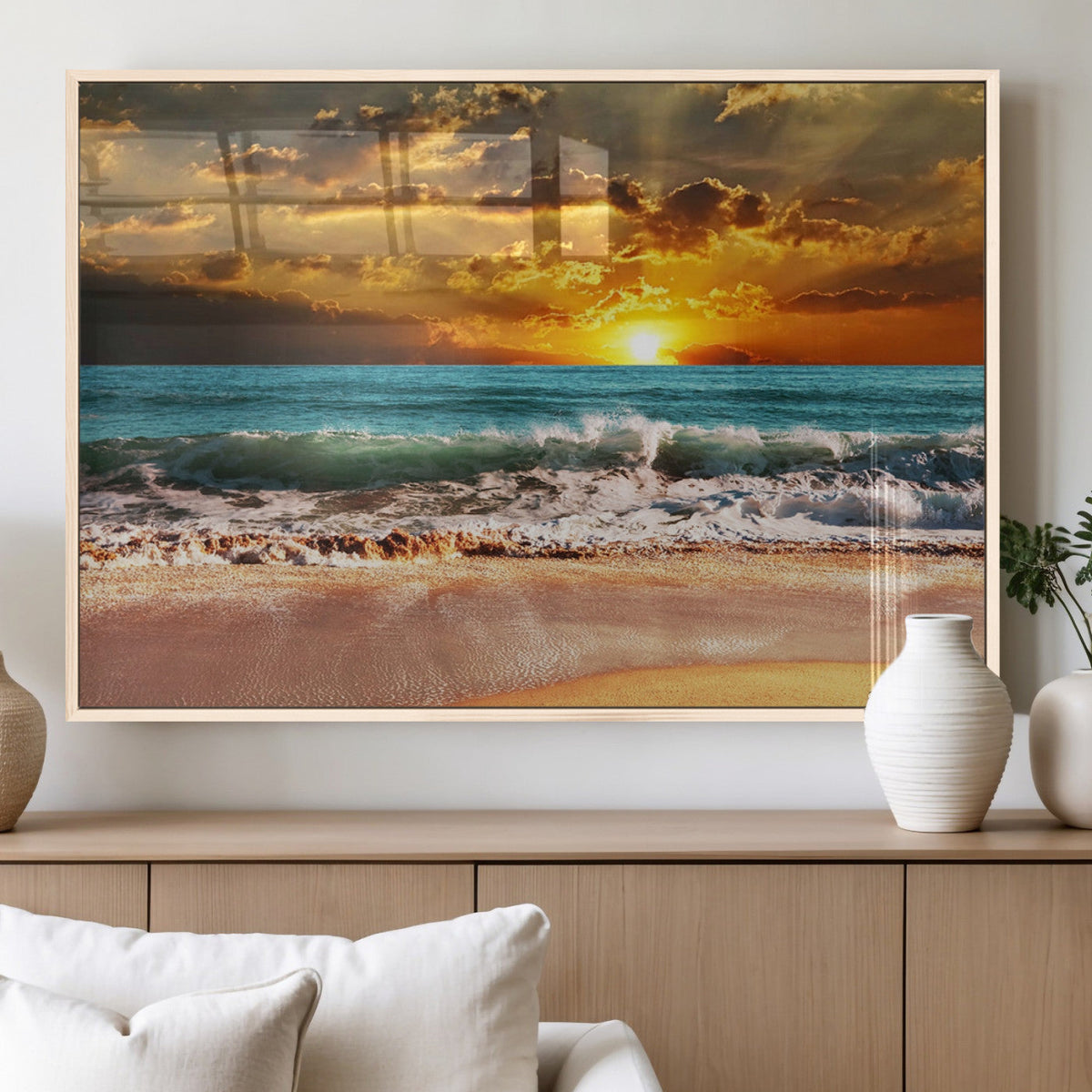 Golden Sunset Beach Canvas Wall Art | Triptych Seascape Print, Framed and Ready to Hang