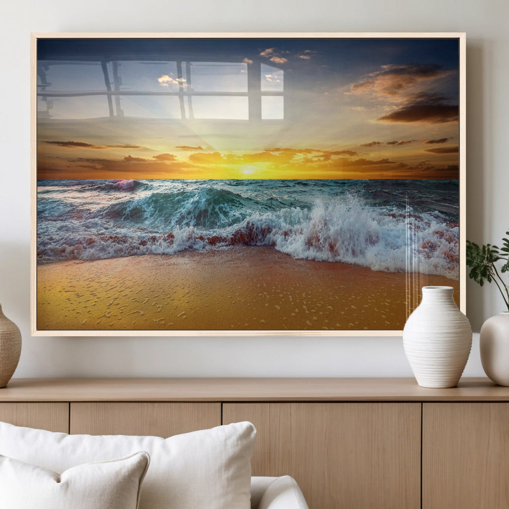 Golden Sunset Ocean Waves Wall Art Canvas Print | Multi Panel Beach Canvas Set, Coastal Triptych