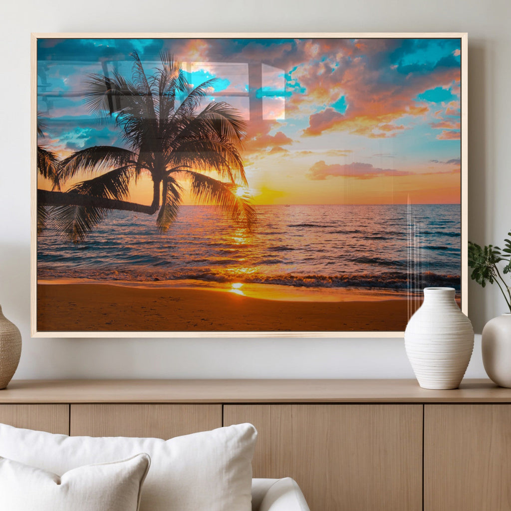Palm Tree Sunset On The Beach Wall Art Canvas, Framed Palm Tree Sunset Canvas Print