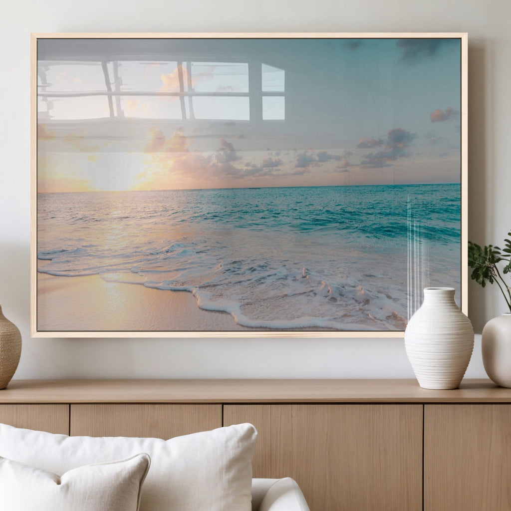 Tranquil Ocean Beach Sunset Canvas Wall Art | 3-Panel Coastal Decor