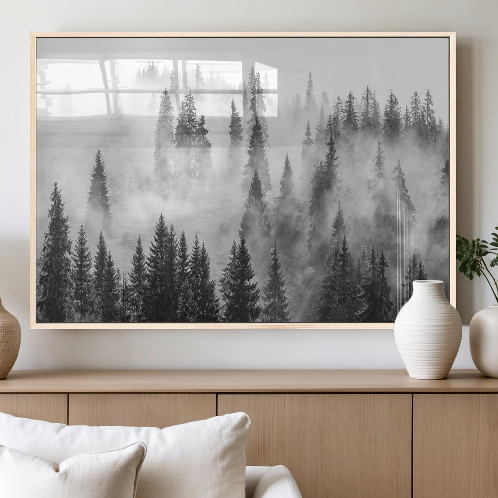 Forest Wall Art Print | Foggy Pine Forest Canvas Wall Art, Black and White Nature Decor