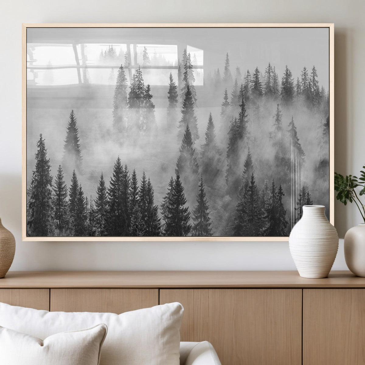 Forest Wall Art Print | Foggy Pine Forest Canvas Wall Art, Black and White Nature Decor
