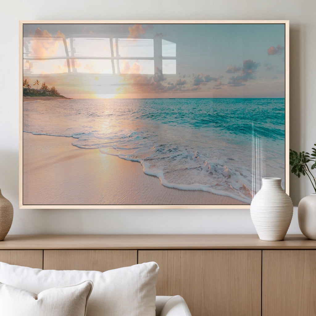 Beach Sunrise Wall Art, Coastal Seascape Canvas Print, Ocean Wave Wall Decor