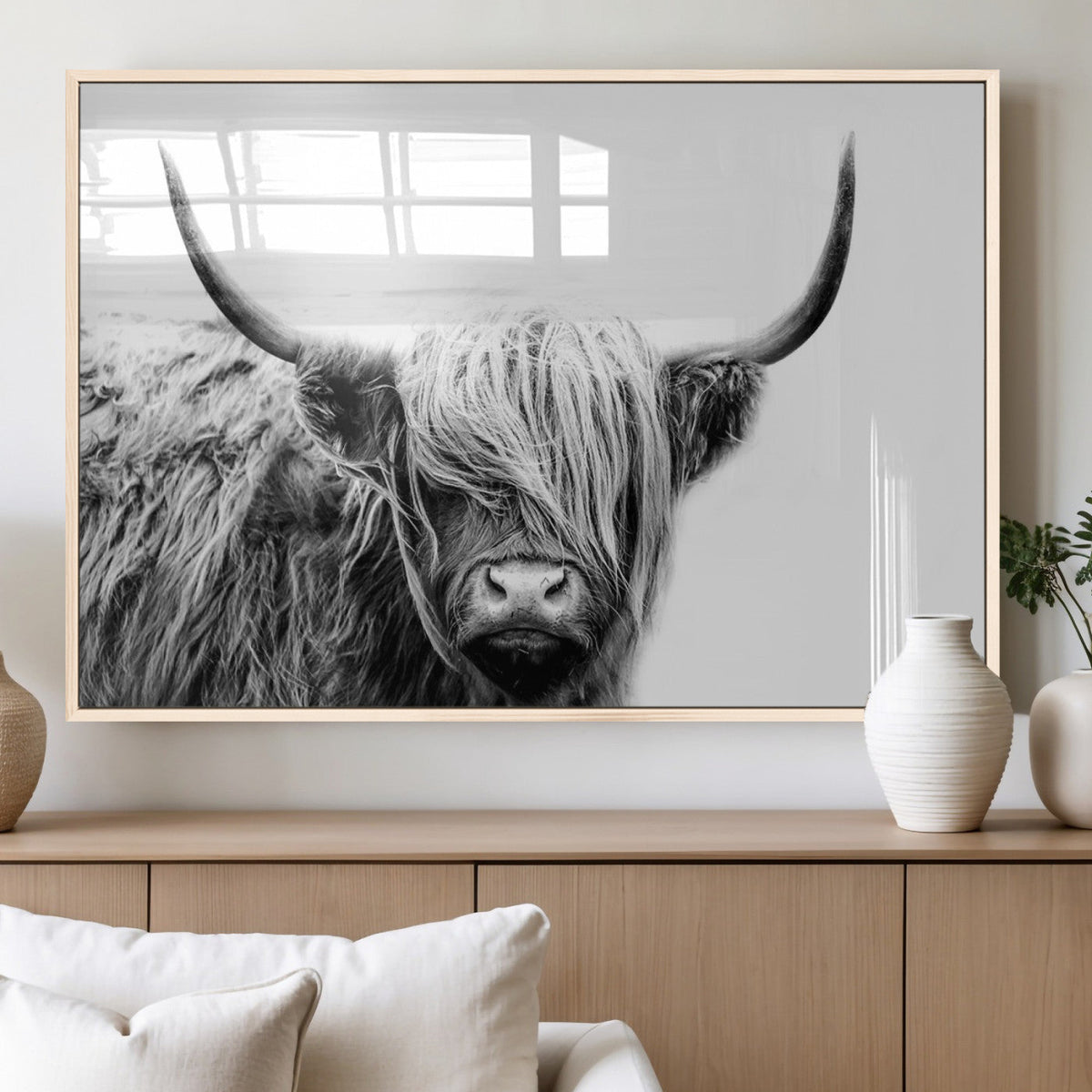 Black White Scottish Highland Cow Cattle Art Print Farmhouse Decor