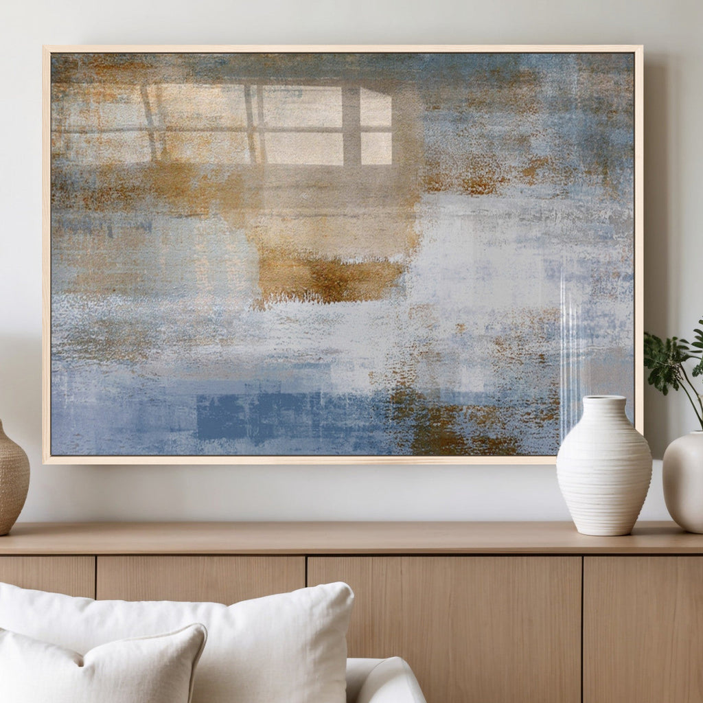 Blue Multi Panel Abstract Wall Art Canvas, Abstract Blue and Gold Canvas Print