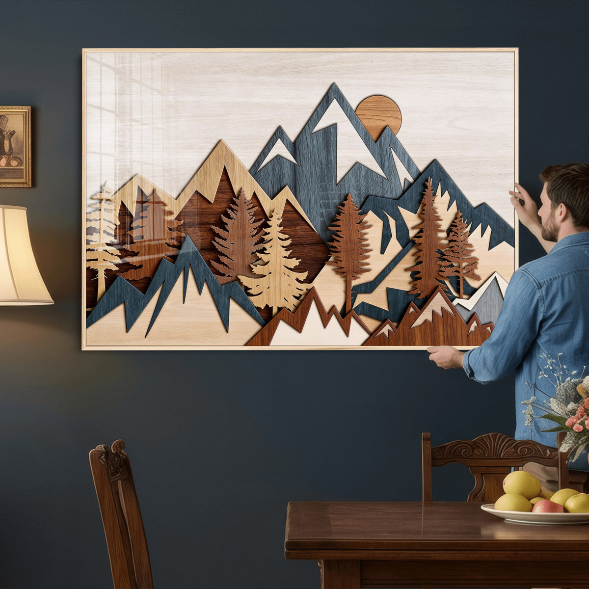 Rustic Abstract Wood Panel Effect Canvas | Mountain Range Top Wood Wall Art Canvas Print