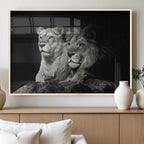 Lion Couple Wall Art Canvas Print, Elegant Black and White Wildlife Portrait