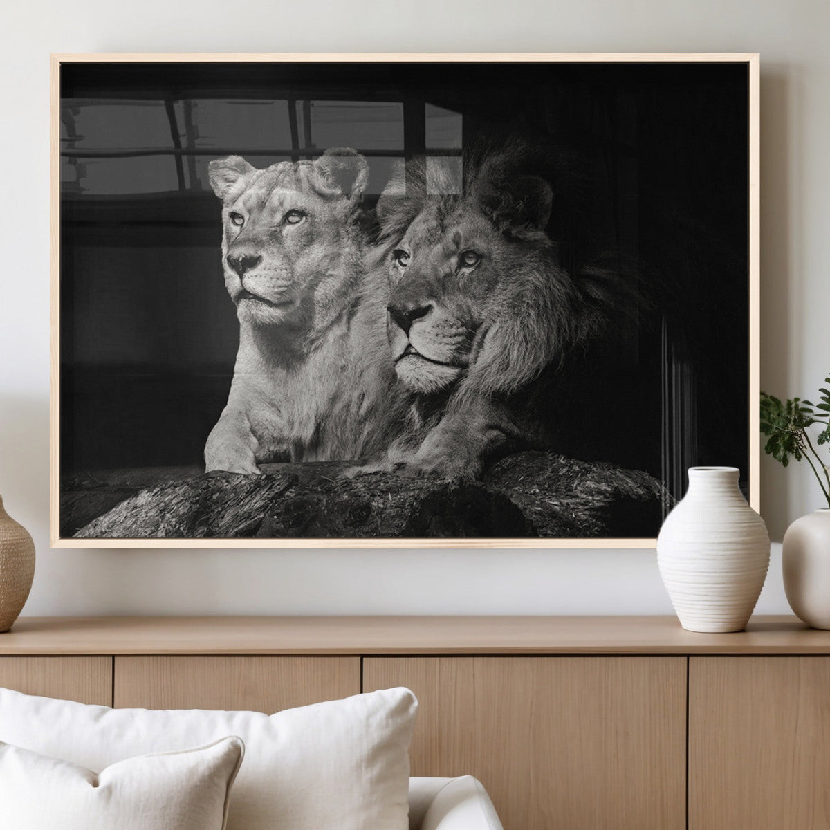 Lion Couple Wall Art Canvas Print, Elegant Black and White Wildlife Portrait
