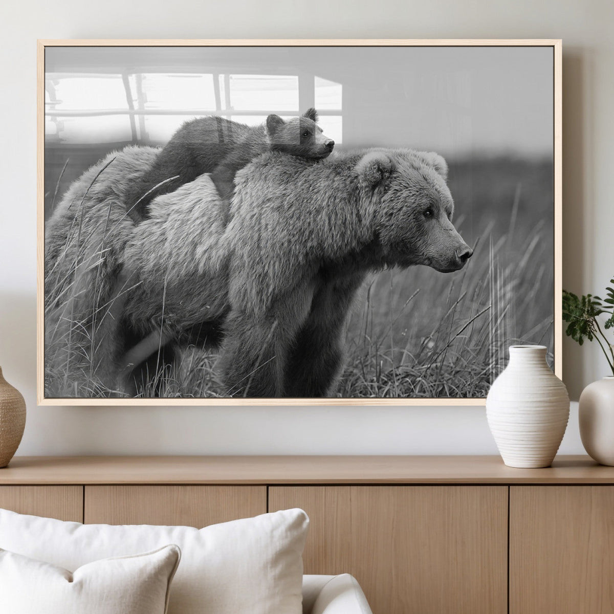 Bear and Cub Wall Art Canvas | Grizzly 399 Bear and Cub Black and White Wildlife Print