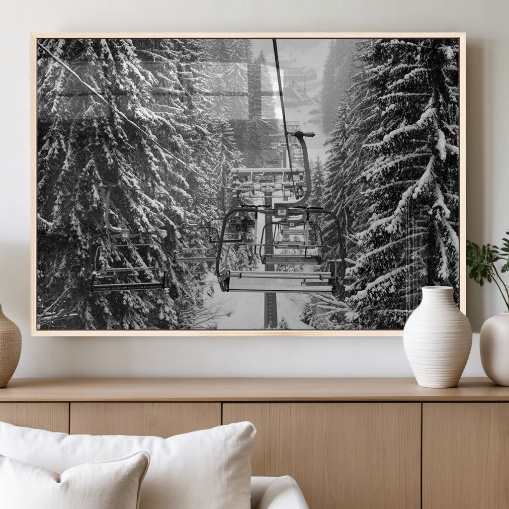 Winter Ski Lift Black and White Canvas Wall Art | Alpine Escape in Minimalist Style