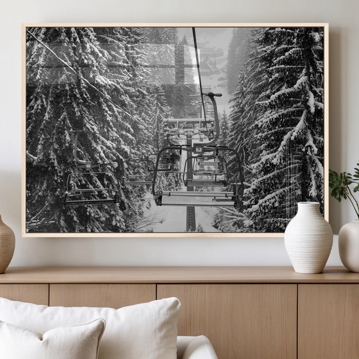Winter Ski Lift Black and White Canvas Wall Art | Alpine Escape in Minimalist Style