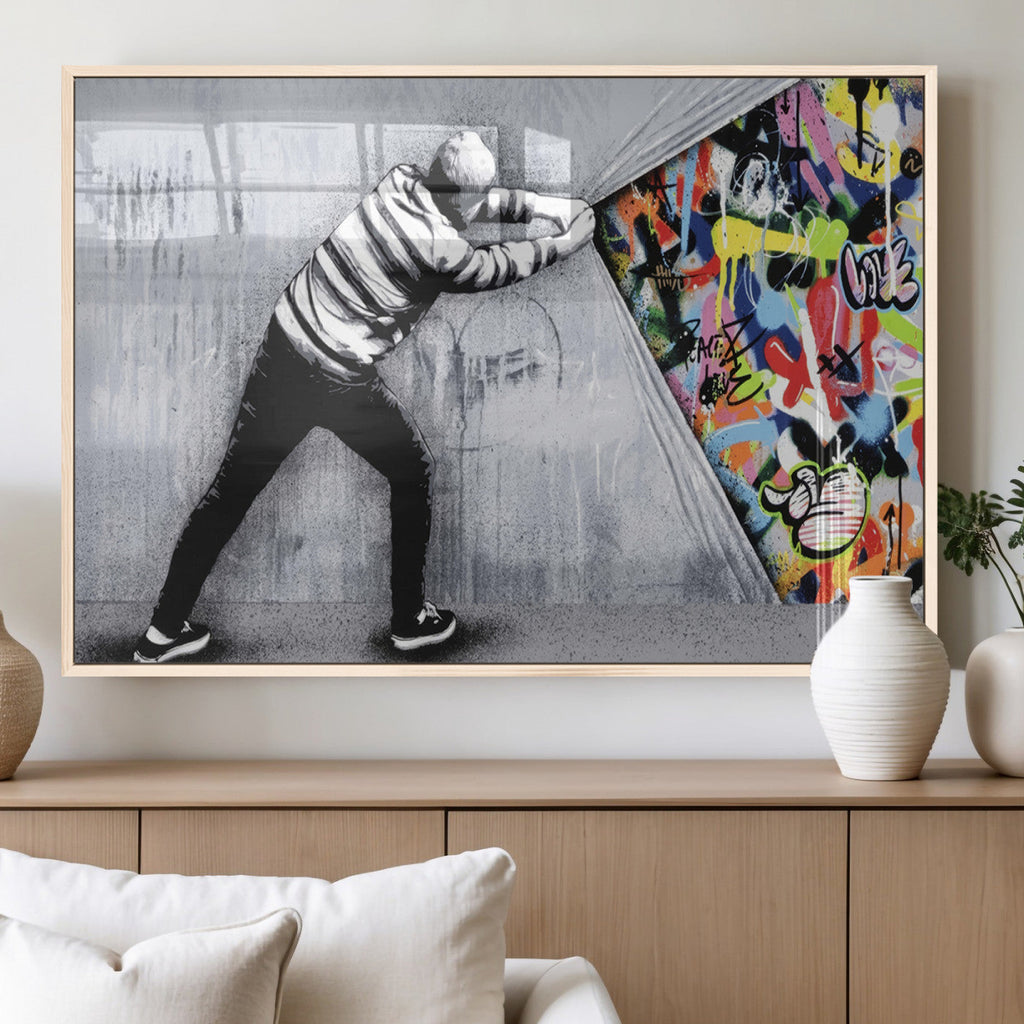 Banksy Art Behind the Curtain Street Wall Art Canvas Print | Urban Graffiti Style Wall Decor