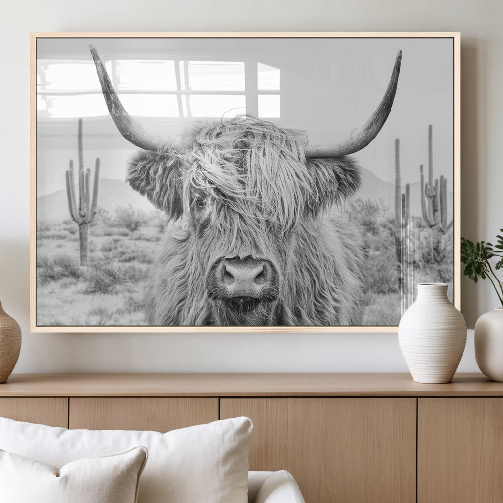 Rustic Charm, Cow Longhorn Black White Bighorn Wall Art