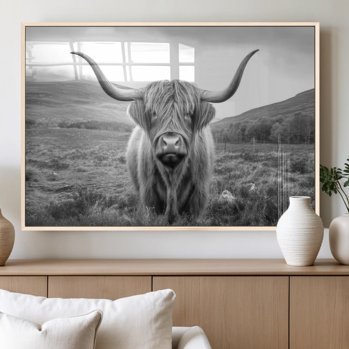 Black White Scottish Highland Cow Canvas Farm Wall Art