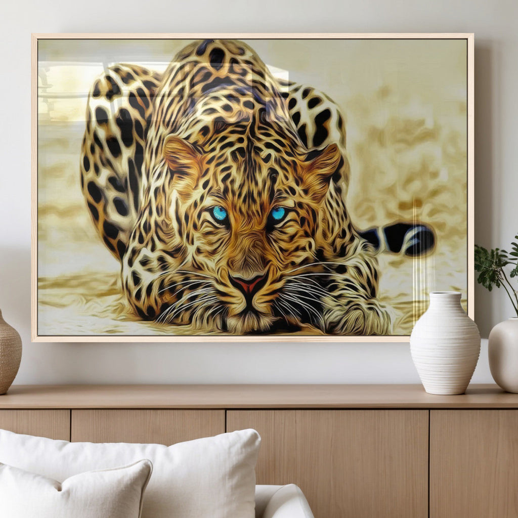 Blue-Eyed Leopard Canvas Wall Art, Framed Animal Print, Fierce and Bold Decor for Living Rooms