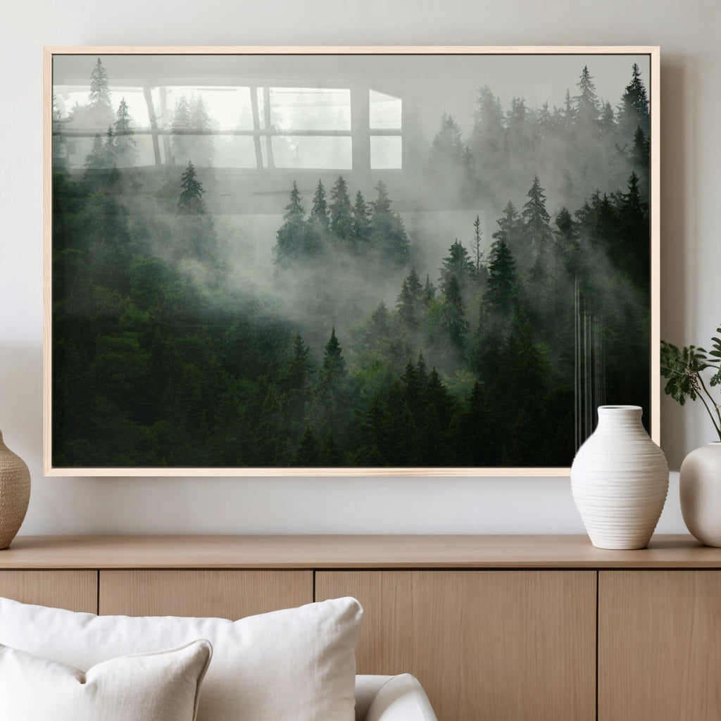 Misty Forest Wall Art | Tranquil Green Woodland Canvas Print