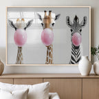 Bubblegum Animals Canvas Wall Art, Playful Giraffe and Zebra Trio, Whimsical Nursery and Kids Room Decor