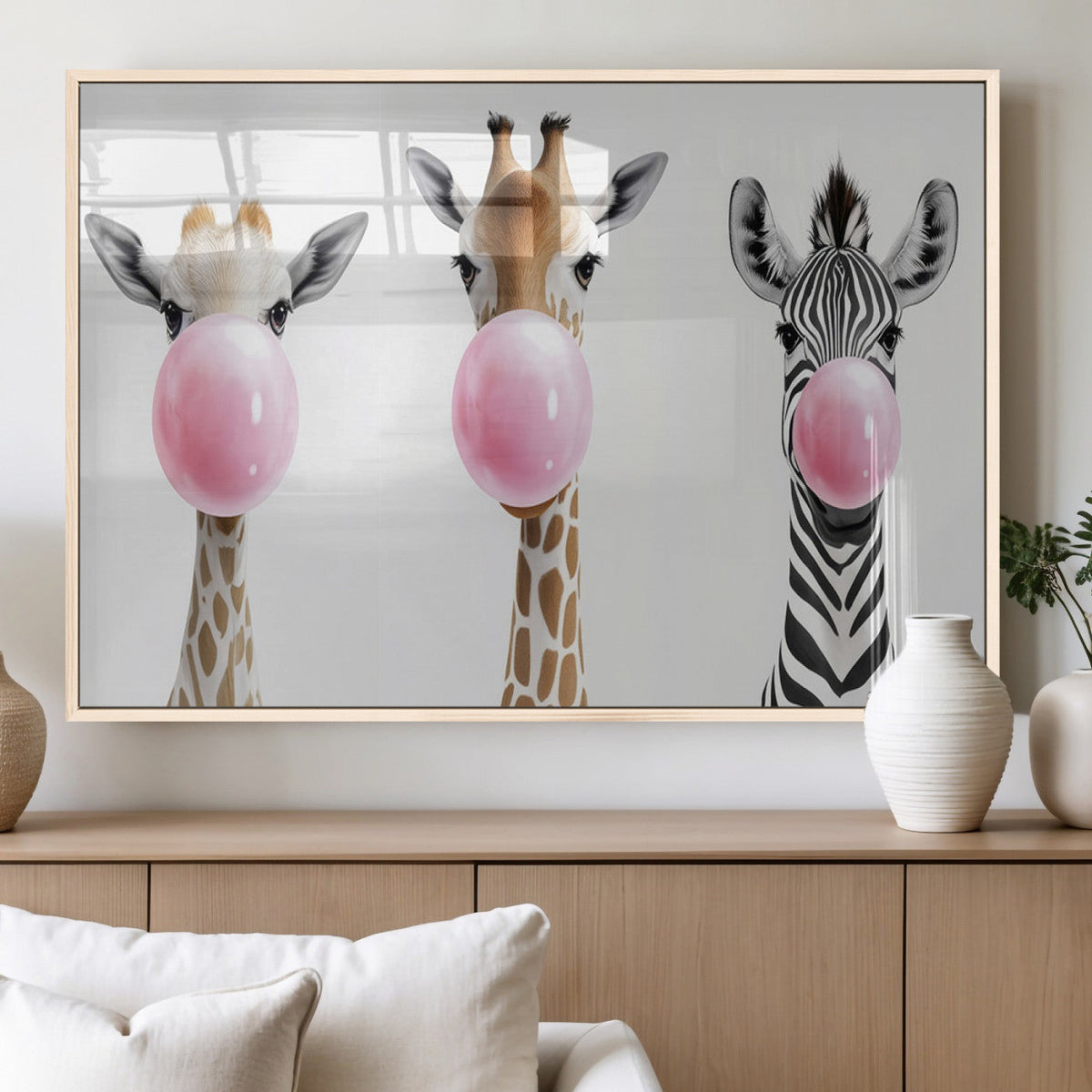 Bubblegum Animals Canvas Wall Art, Playful Giraffe and Zebra Trio, Whimsical Nursery and Kids Room Decor