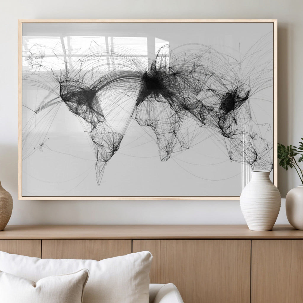 Abstract World Map Wall Art | Framed Geometric Line Canvas