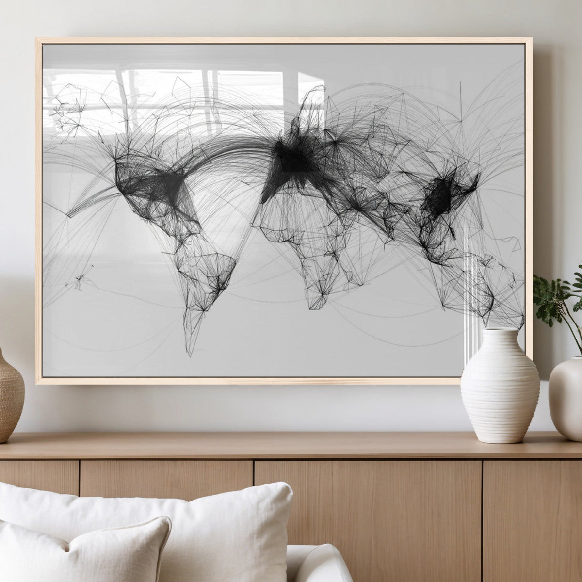 Abstract World Map Wall Art | Framed Geometric Line Canvas