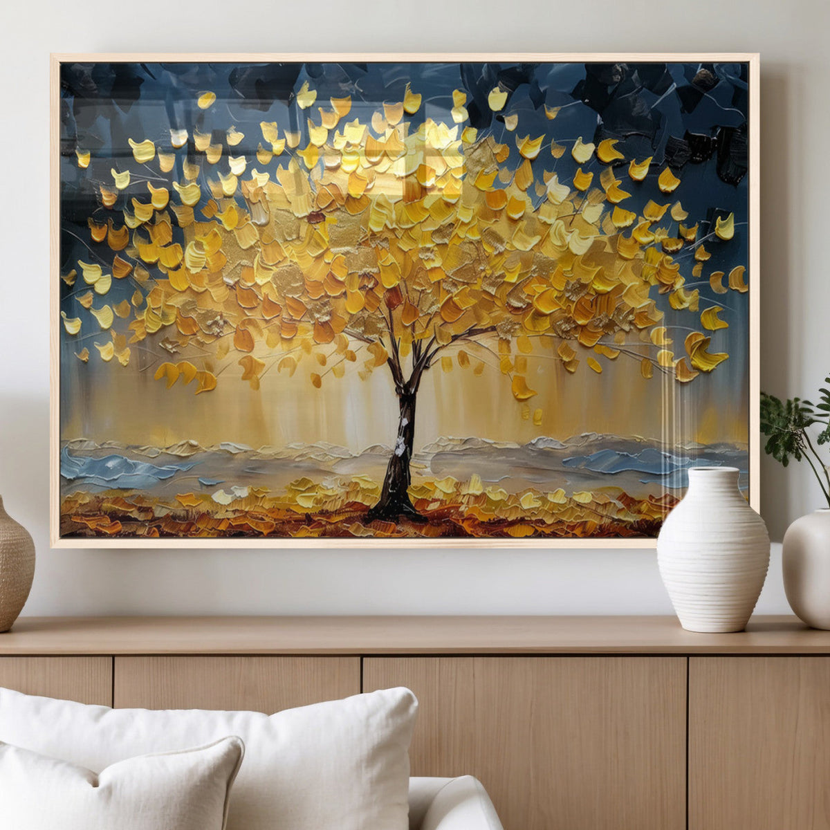 Golden Autumn Tree Wall Art | Framed Fall Leaves Canvas
