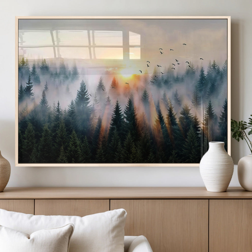 Abstract Forest Wall Art, Serene Nature Canvas Print with Misty Forest Design for Modern Home Decor