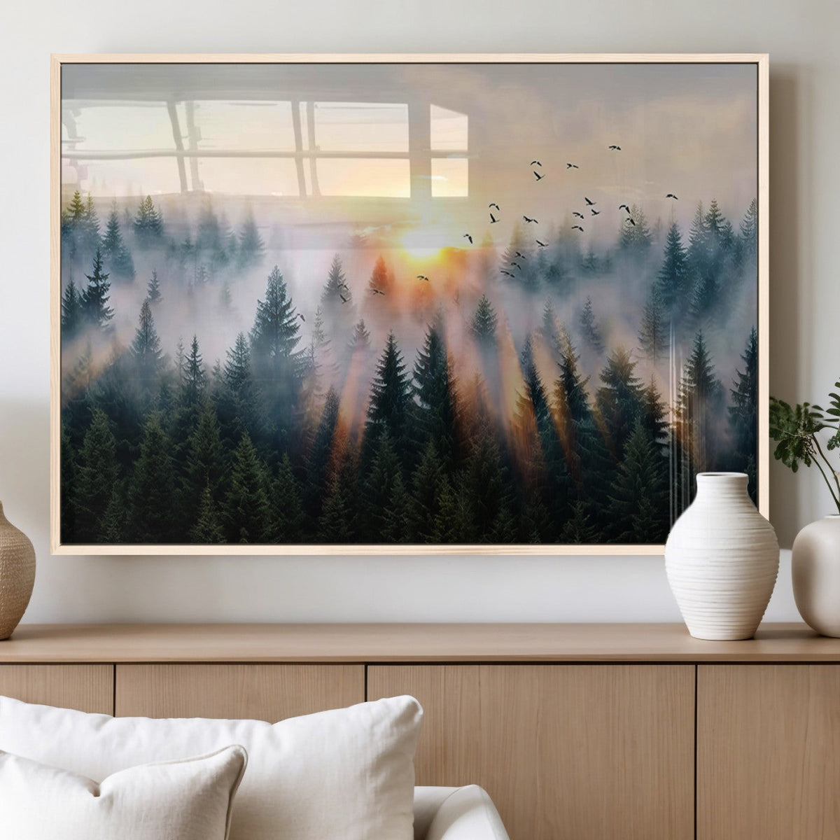 Abstract Forest Wall Art, Serene Nature Canvas Print with Misty Forest Design for Modern Home Decor