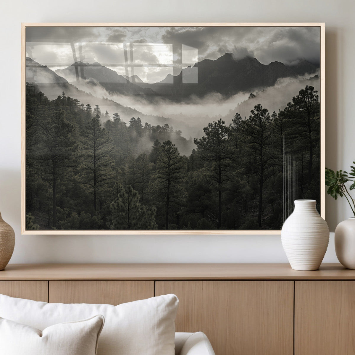 Moody Forest Wall Art | Framed Mountain Fog Canvas Artwork